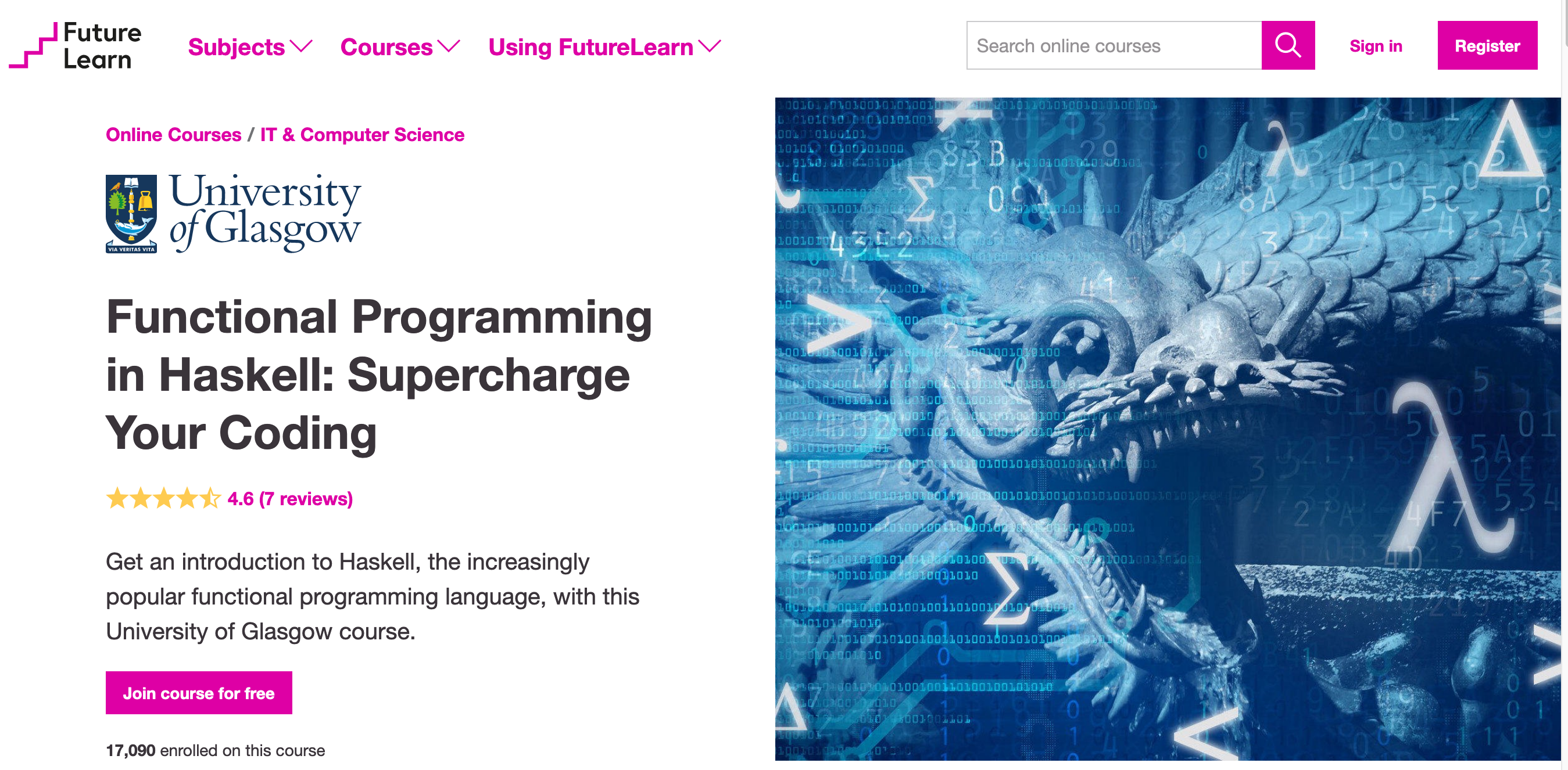 Screenshot of the enrolment page for Functional Programming in Haskell